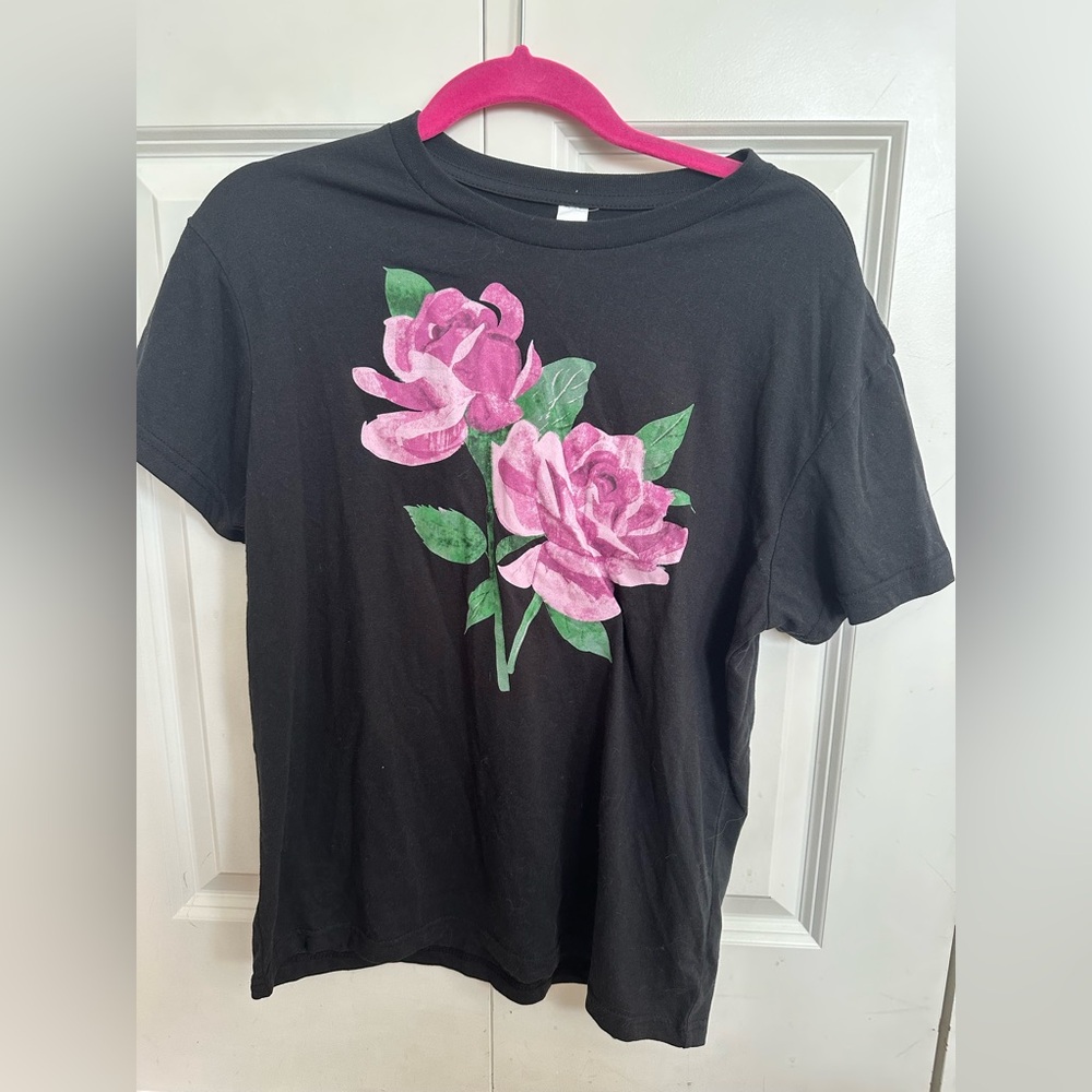 Black T-Shirt with Pink Floral Design